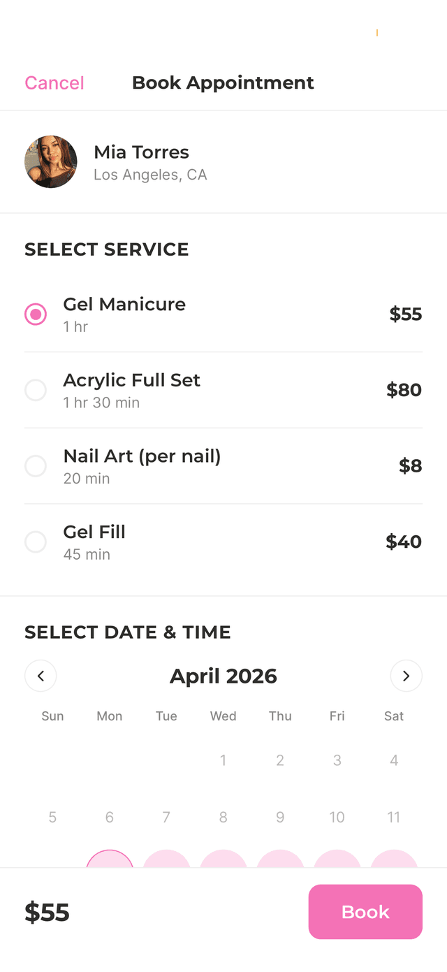 Nailo booking flow showing service selection and calendar
