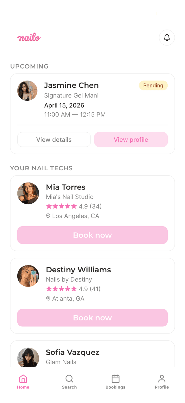 Nailo app home screen showing your nail techs