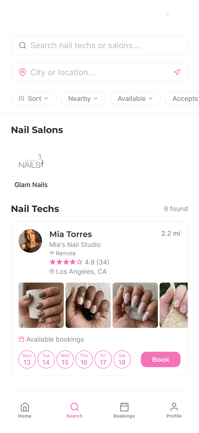 Nailo app search screen showing nail tech profiles